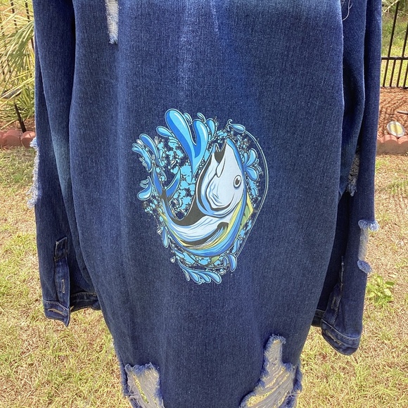 EMBELLISH TUNA FISH  DISTRESSED DENIM JACKET ( Size: XXL) - Picture 2 of 5